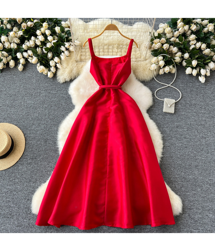 Red Midi Elegant Dress With Belt