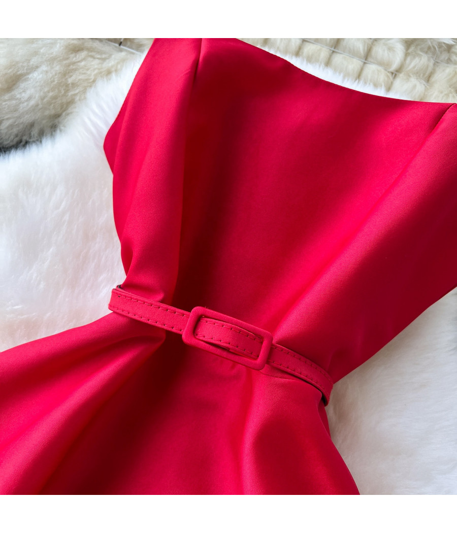 Red Midi Elegant Dress With Belt