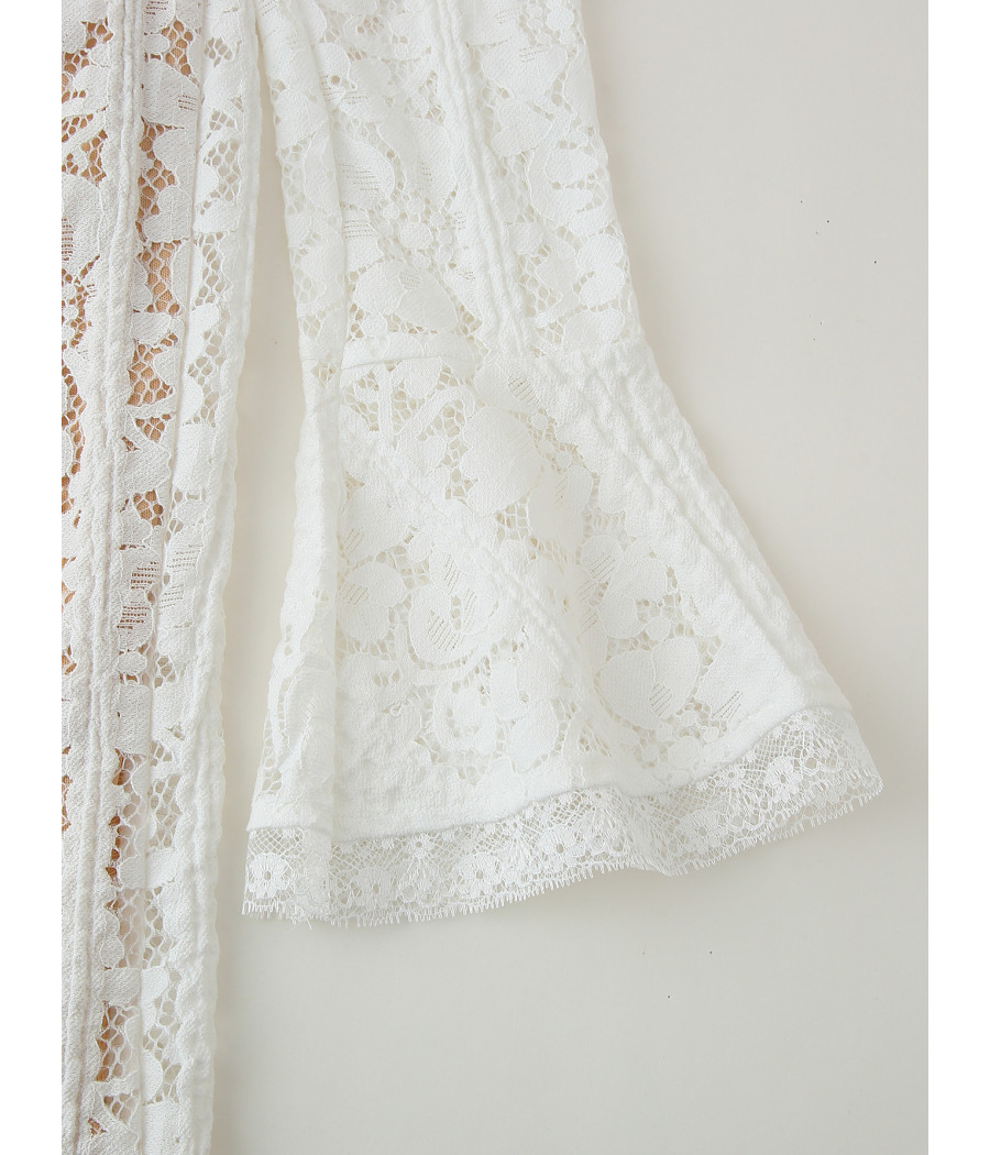 Long Flare Sleeve Floral Lace Dress