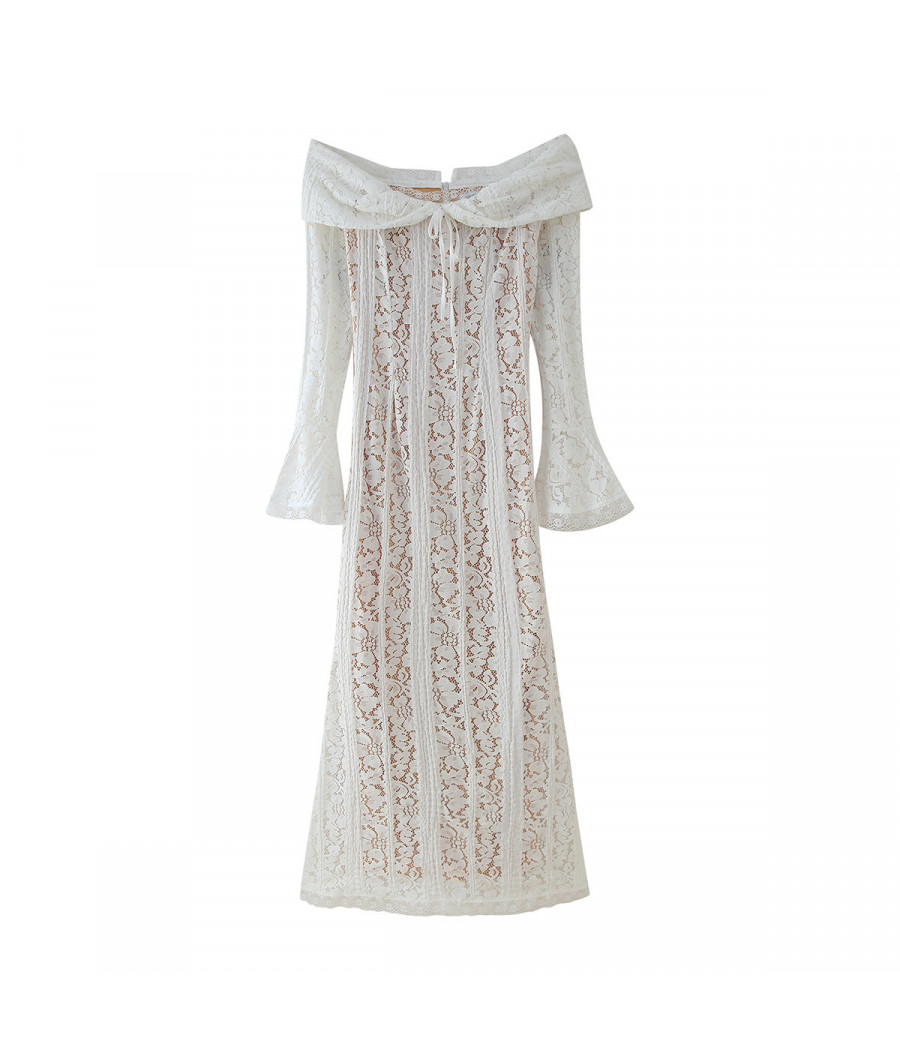 Long Flare Sleeve Floral Lace Dress