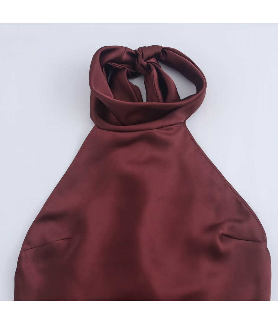 Brown Halter Neck Satin Maxi Dress