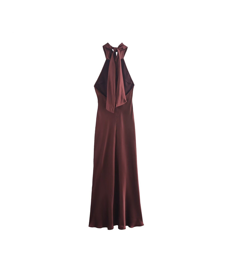 Brown Halter Neck Satin Maxi Dress