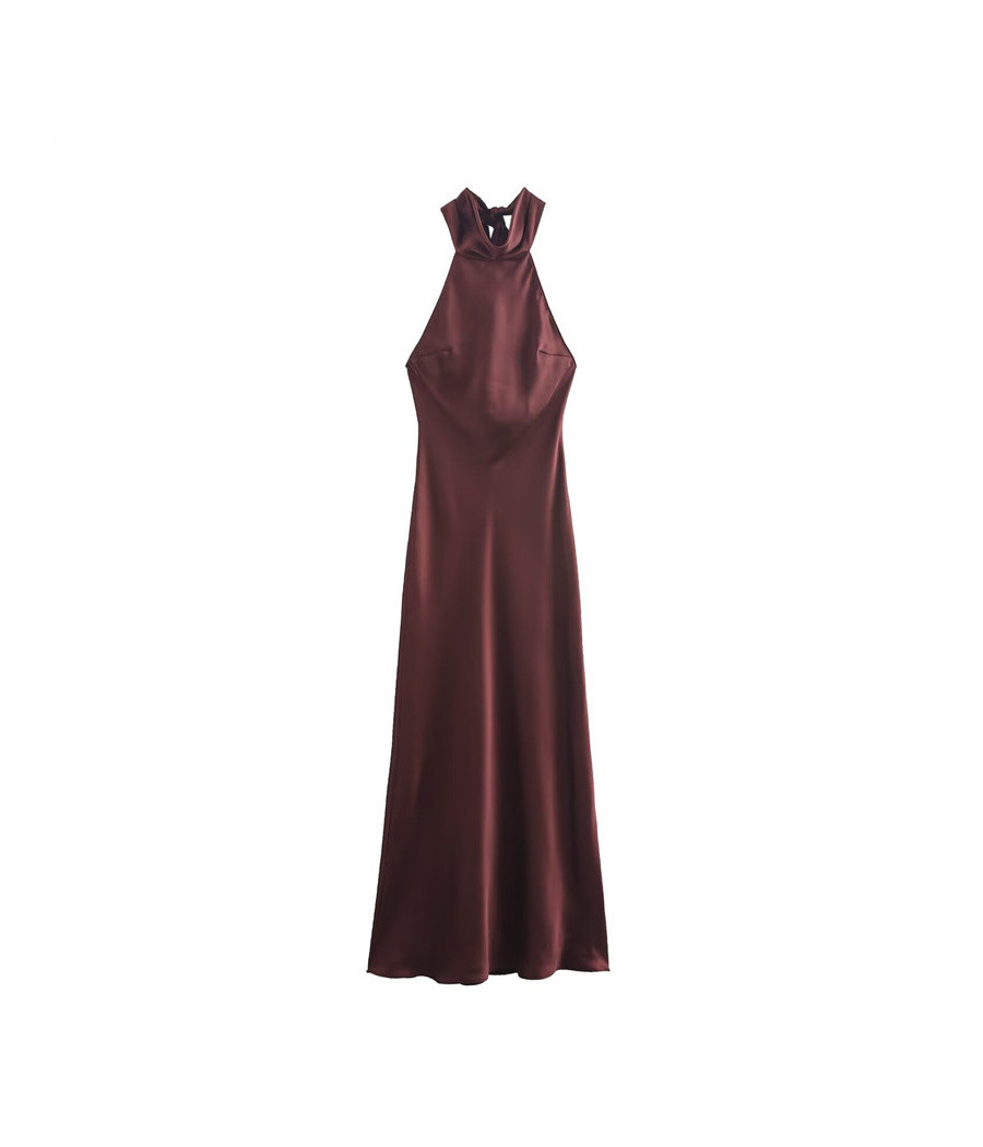 Brown Halter Neck Satin Maxi Dress