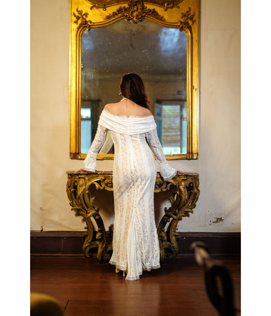 Long Flare Sleeve Floral Lace Dress