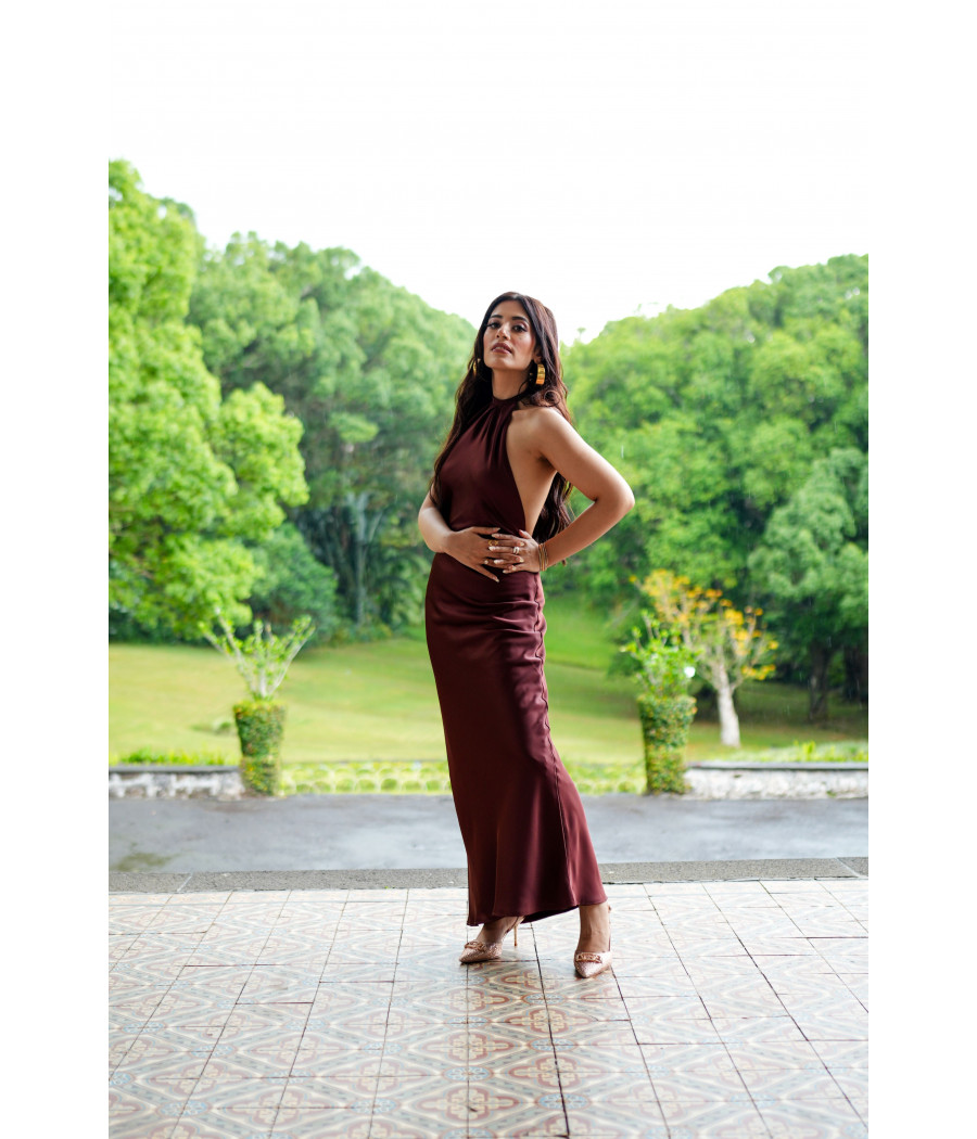 Brown Halter Neck Satin Maxi Dress