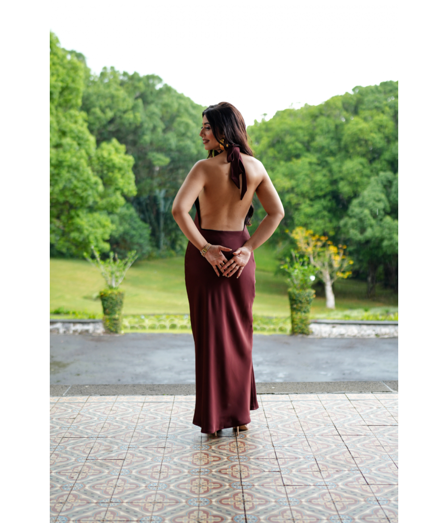 Brown Halter Neck Satin Maxi Dress