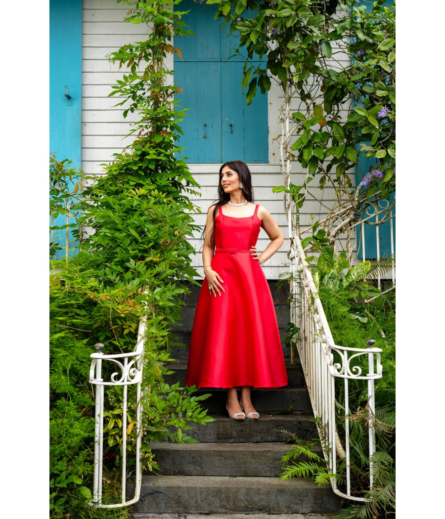 Red Midi Elegant Dress With Belt
