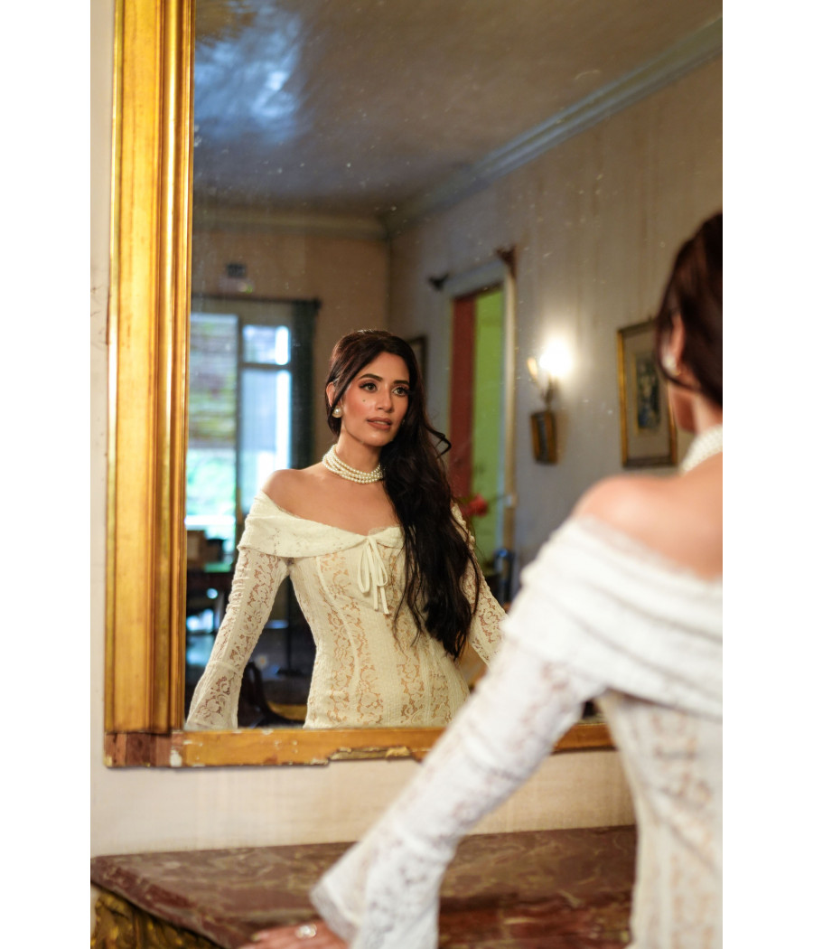 Long Flare Sleeve Floral Lace Dress