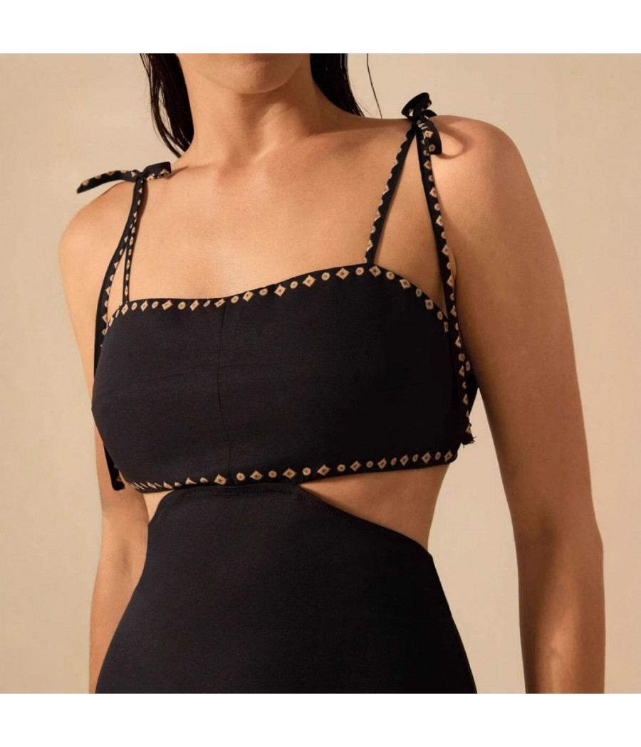 Black Printed Maxi Dress with Straps and Waist Cut