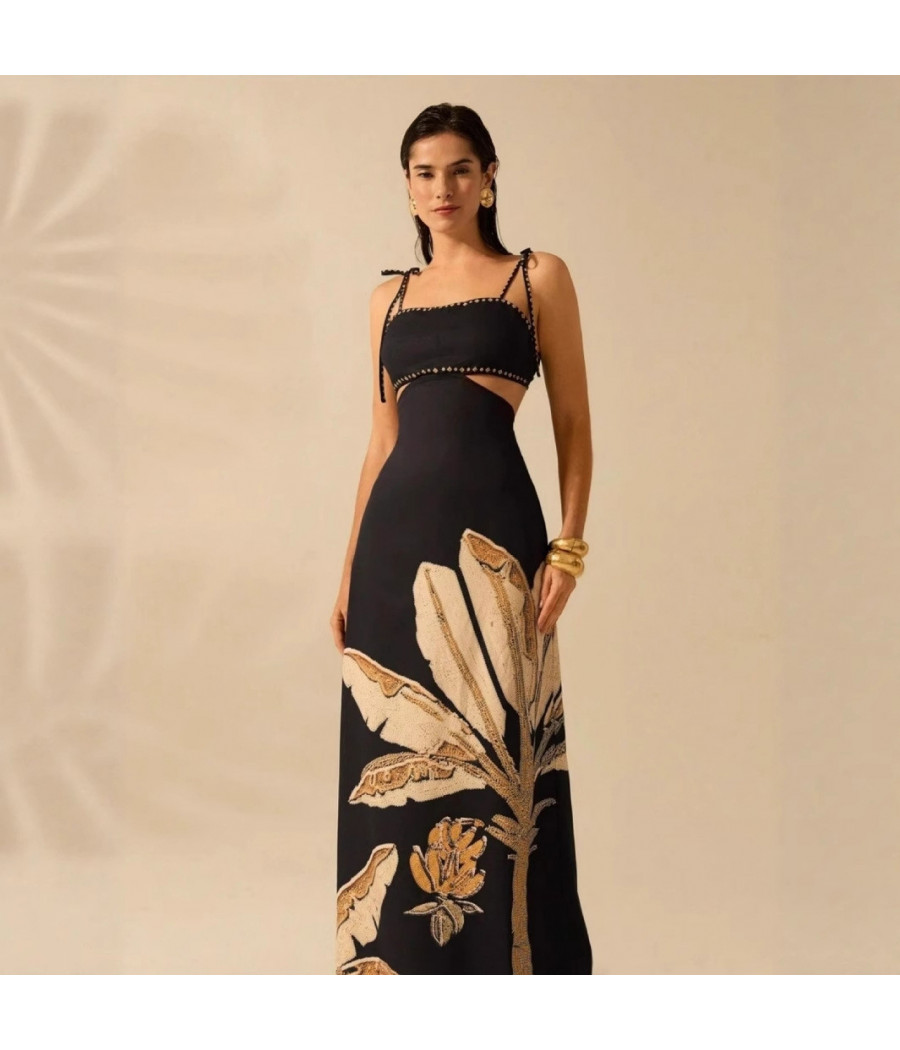 Black Printed Maxi Dress with Straps and Waist Cut