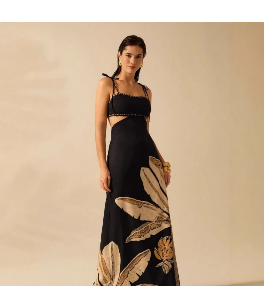 Black Printed Maxi Dress with Straps and Waist Cut