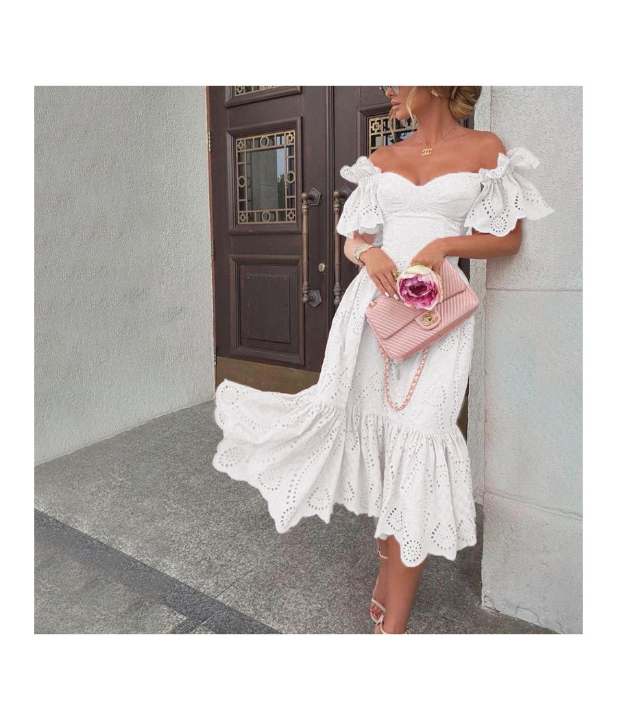 White Short Sleeves Off Shoulder Dress with Bottom Ruffles