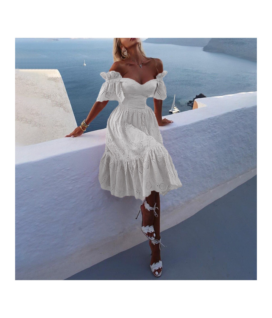 White Short Sleeves Off Shoulder Dress with Bottom Ruffles