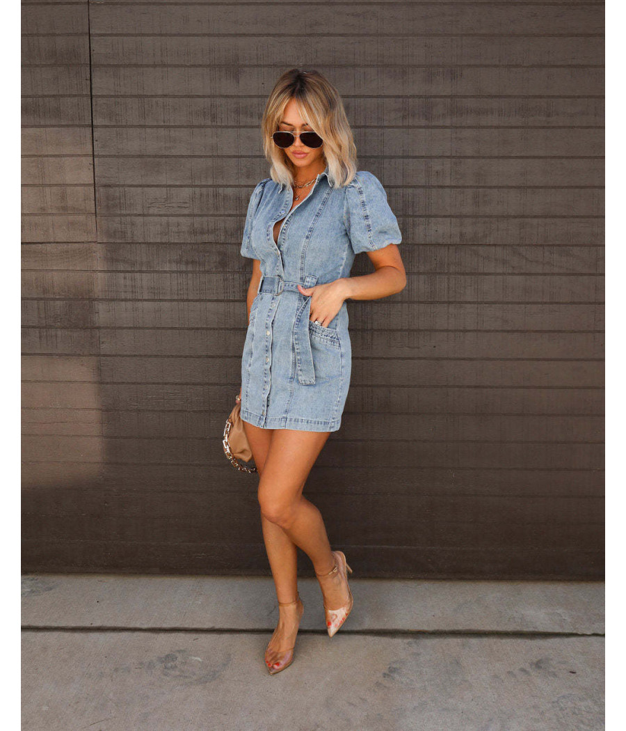 Mini Denim Dress with Short Sleeves and Belt