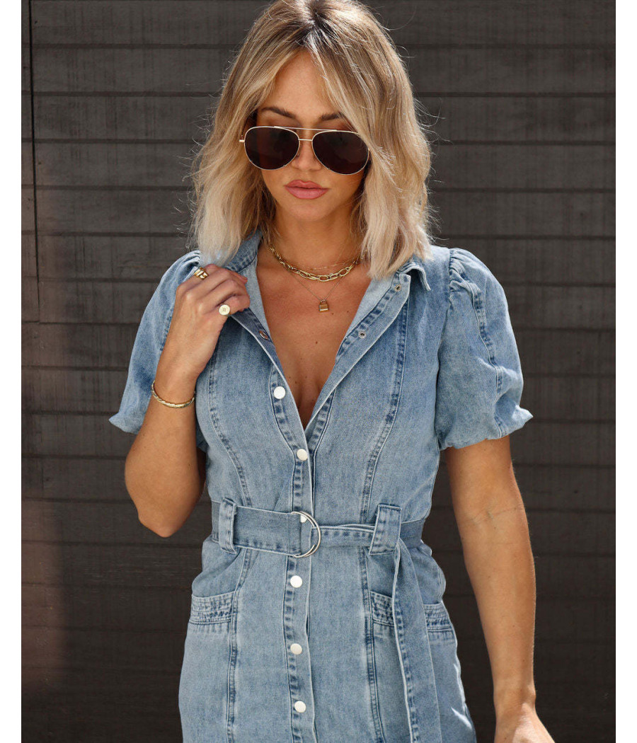 Mini Denim Dress with Short Sleeves and Belt