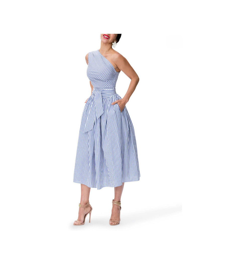 One Shoulder Light Blue Stripe Dress