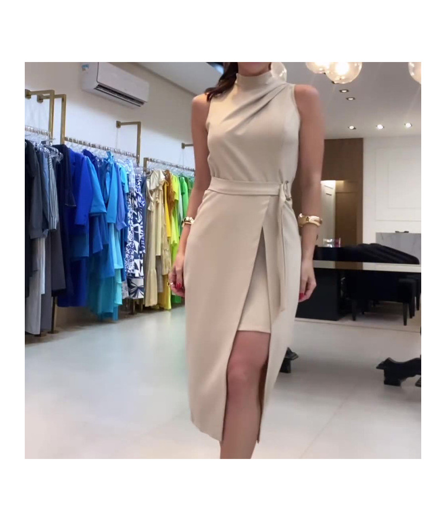 Sleeveless Beige Dress with Belt