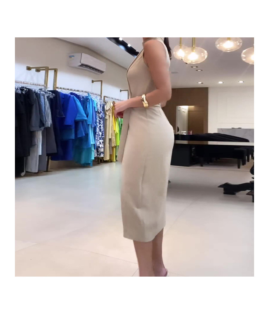 Sleeveless Beige Dress with Belt