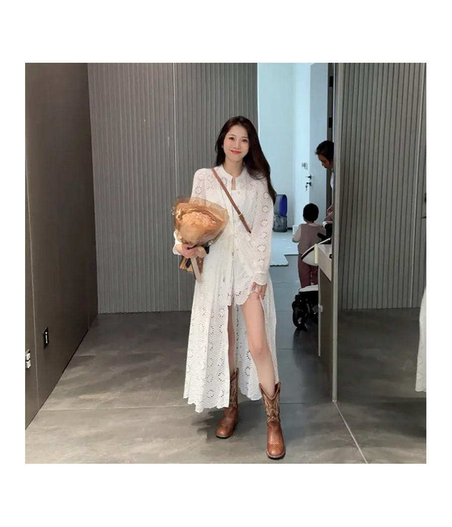 Long Sleeve White Dress with Slit and Shorts