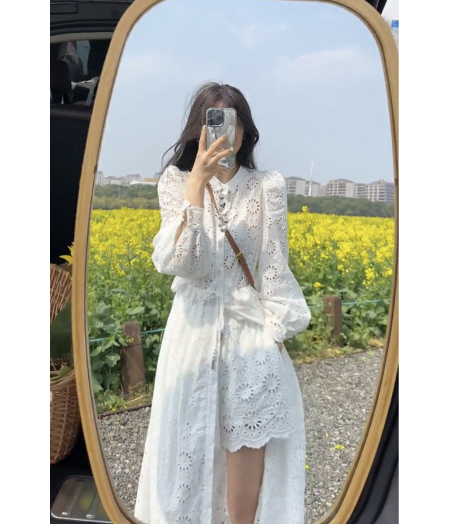 Long Sleeve White Dress with Slit and Shorts