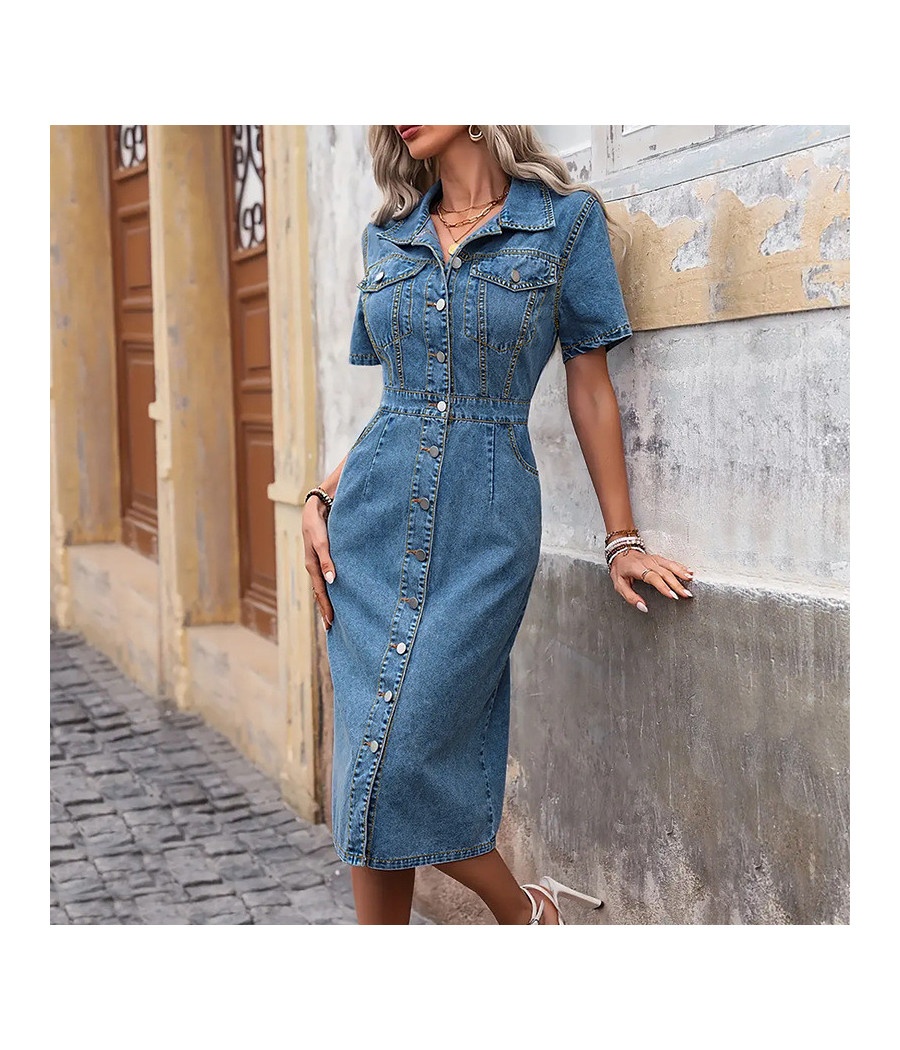 Denim Short Sleeve Dress with Buttons in Front