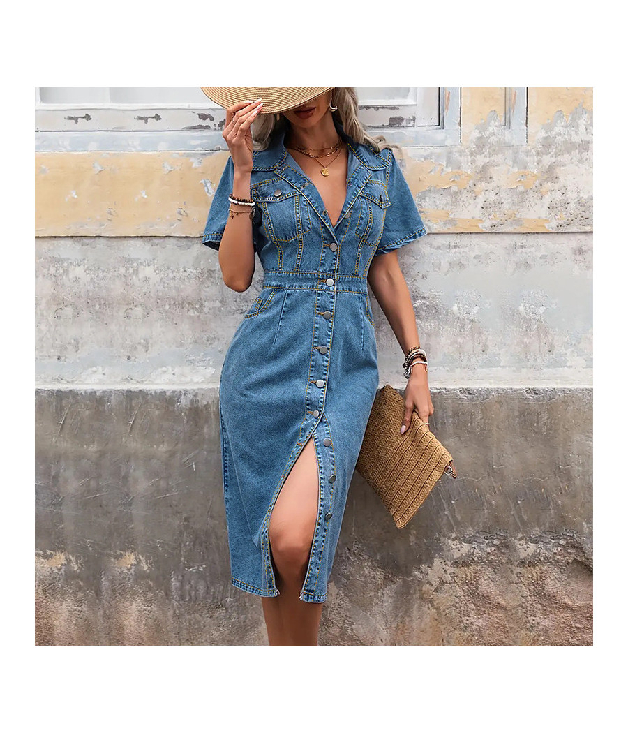 Denim Short Sleeve Dress with Buttons in Front