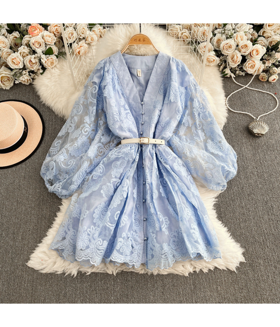 Light Blue Floral Dress with Big Sleeves and Belt