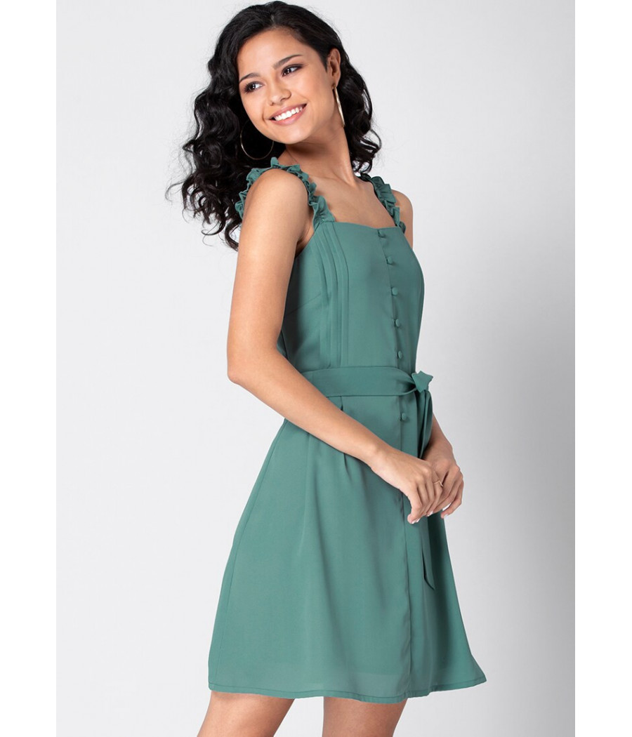 Green strappy belted dress