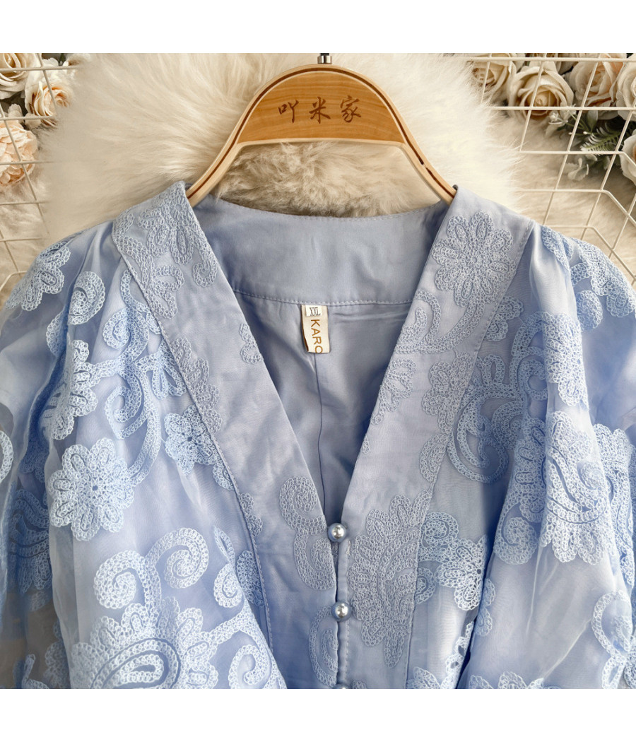 Light Blue Floral Dress with Big Sleeves and Belt