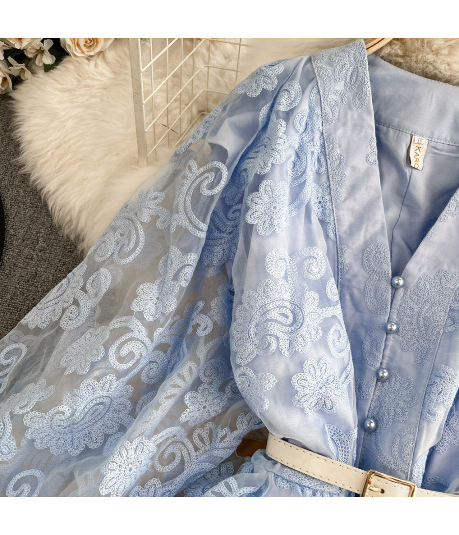 Light Blue Floral Dress with Big Sleeves and Belt