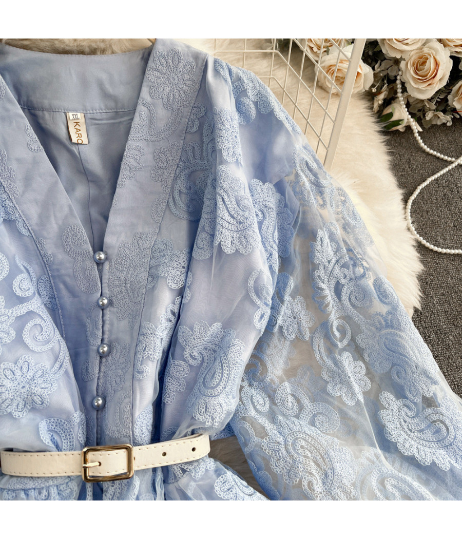 Light Blue Floral Dress with Big Sleeves and Belt