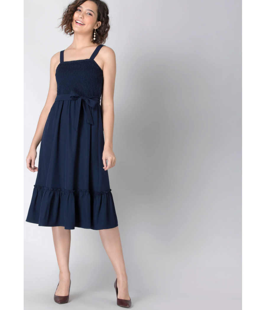 Navy belted smocked back dress