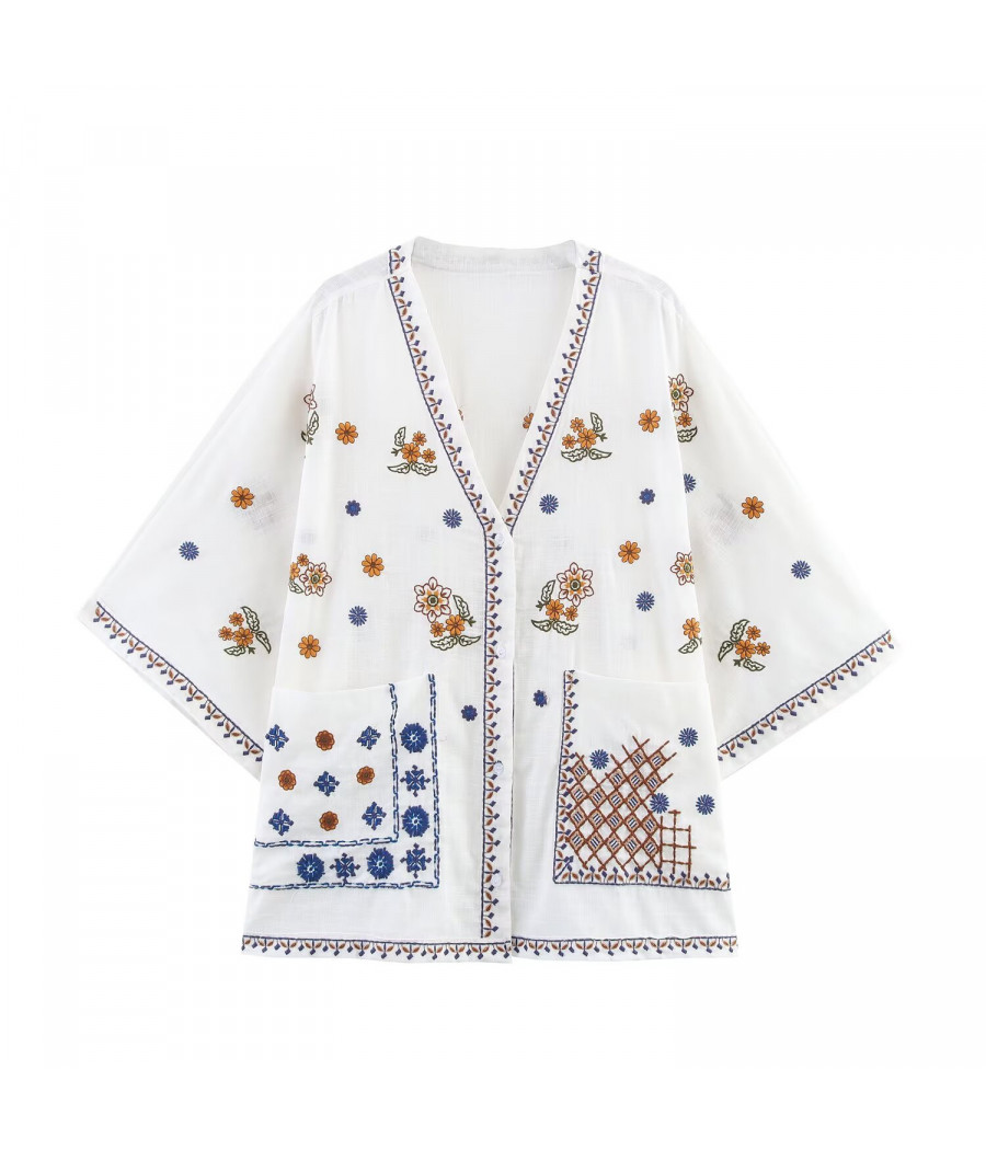 V-neck Embroided Short Sleeve Top