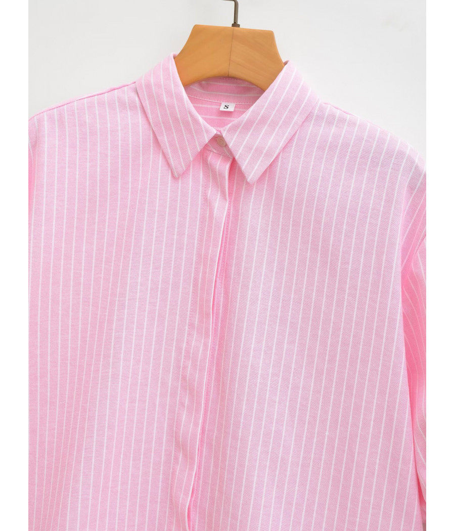 Stripped Oversized Pink Top with Collar