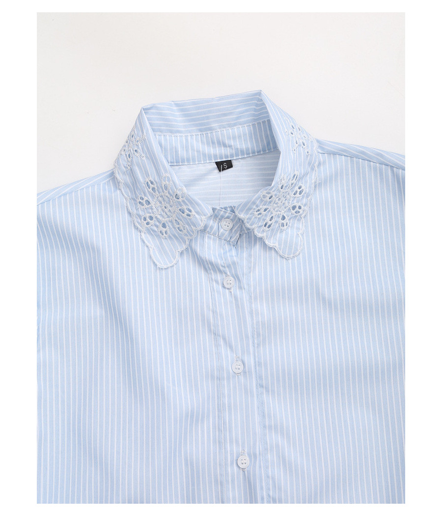 Light Blue Stripped Long Sleeve Top with Collar