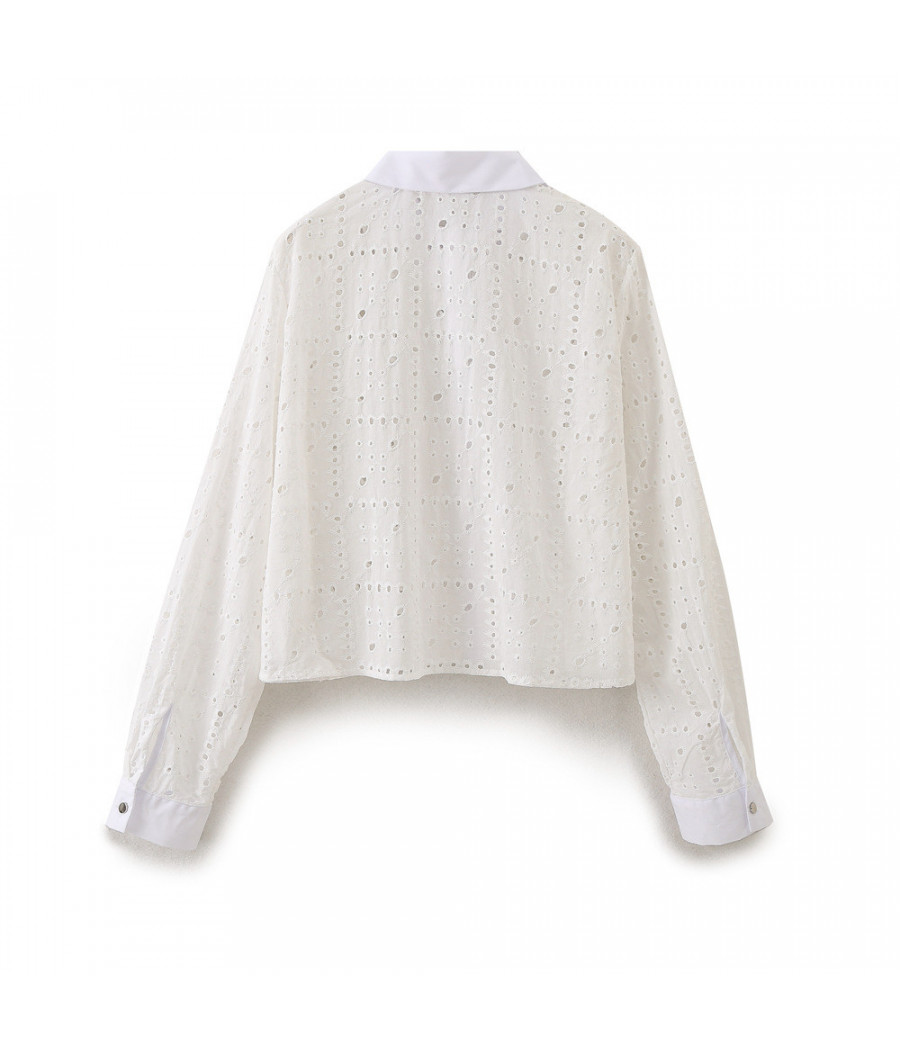 Cropped White Long Sleeve Blouse with Collar