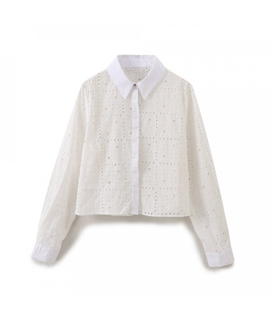 Cropped White Long Sleeve Blouse with Collar