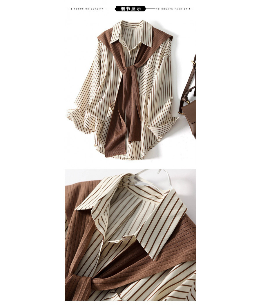 Beige and Brown Stripped Shirt with Scarf