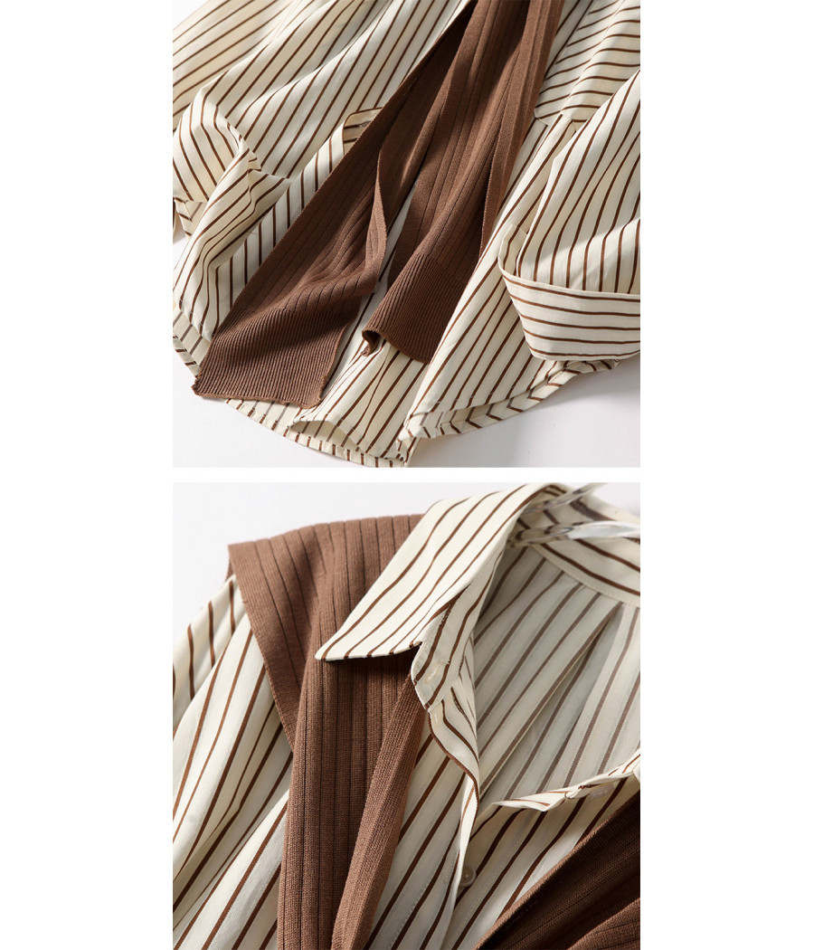 Beige and Brown Stripped Shirt with Scarf