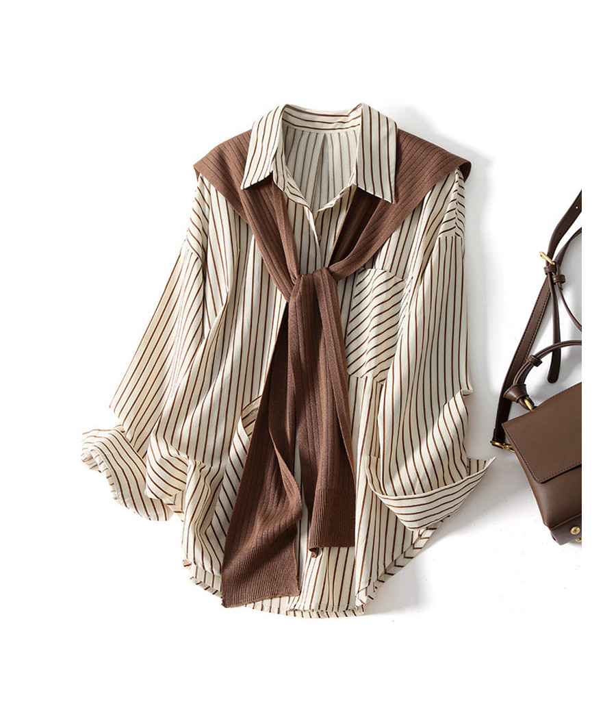 Beige and Brown Stripped Shirt with Scarf