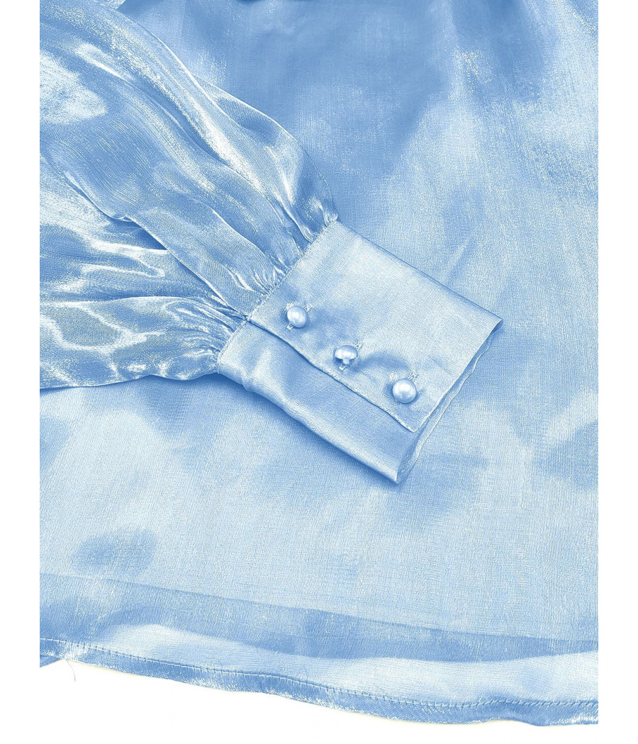 Long Sleeve Blue Top with Puff Sleeves and High Collar