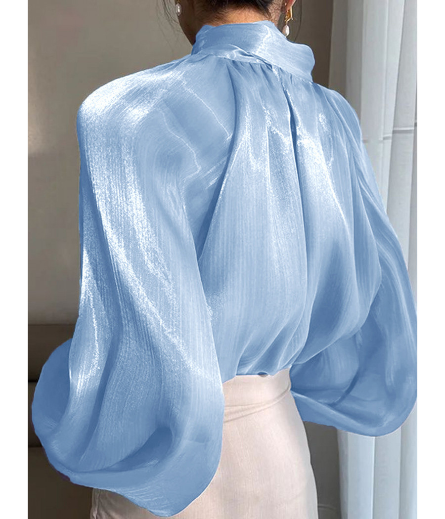 Long Sleeve Blue Top with Puff Sleeves and High Collar