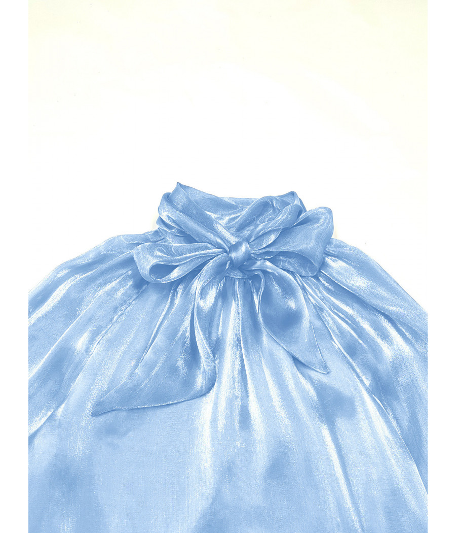 Long Sleeve Blue Top with Puff Sleeves and High Collar