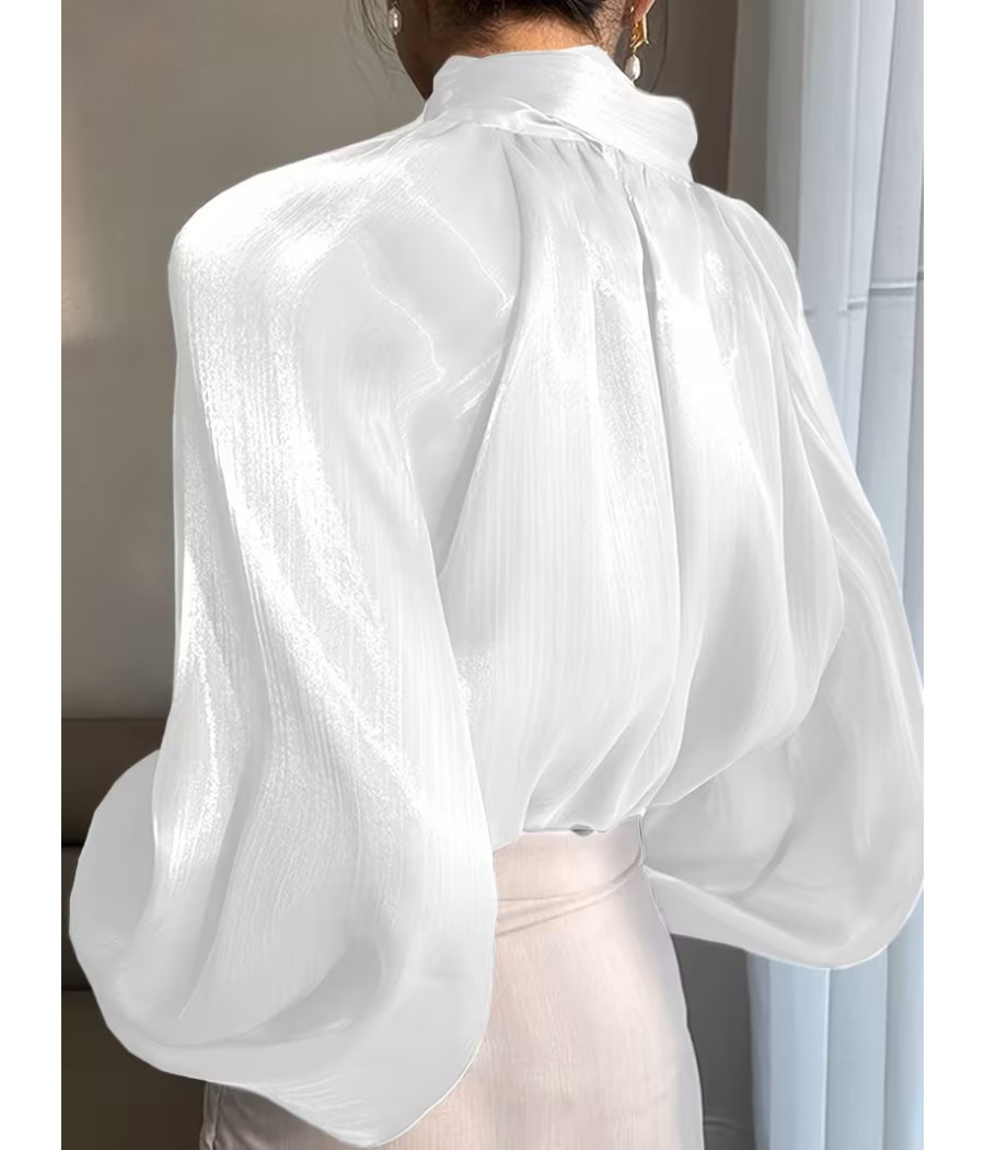 Long Sleeve White Top with Puff Sleeves and High Collar