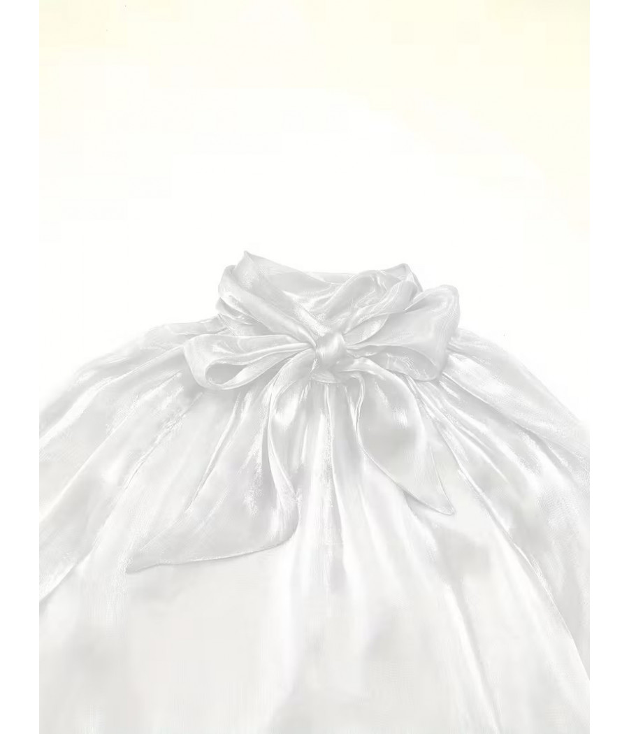 Long Sleeve White Top with Puff Sleeves and High Collar