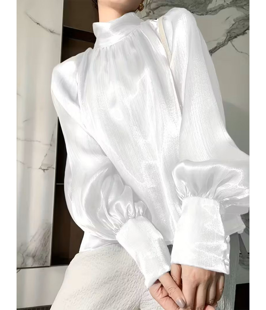 Long Sleeve White Top with Puff Sleeves and High Collar