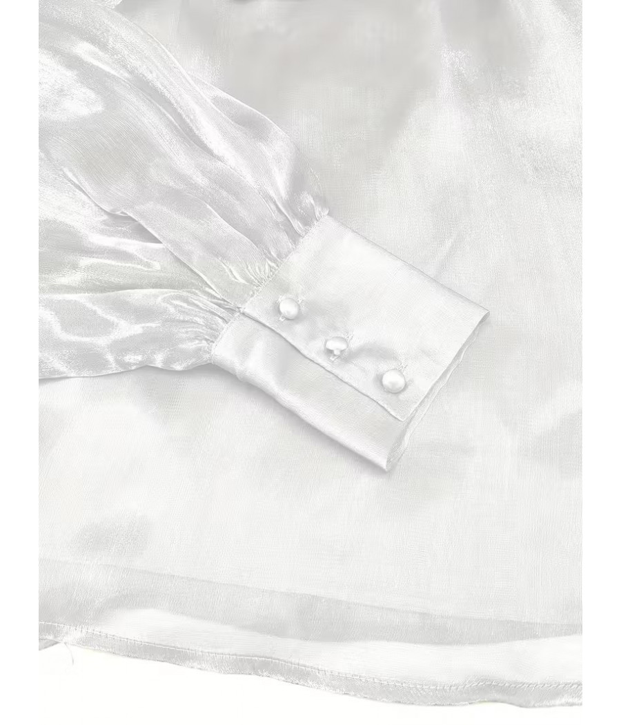 Long Sleeve White Top with Puff Sleeves and High Collar