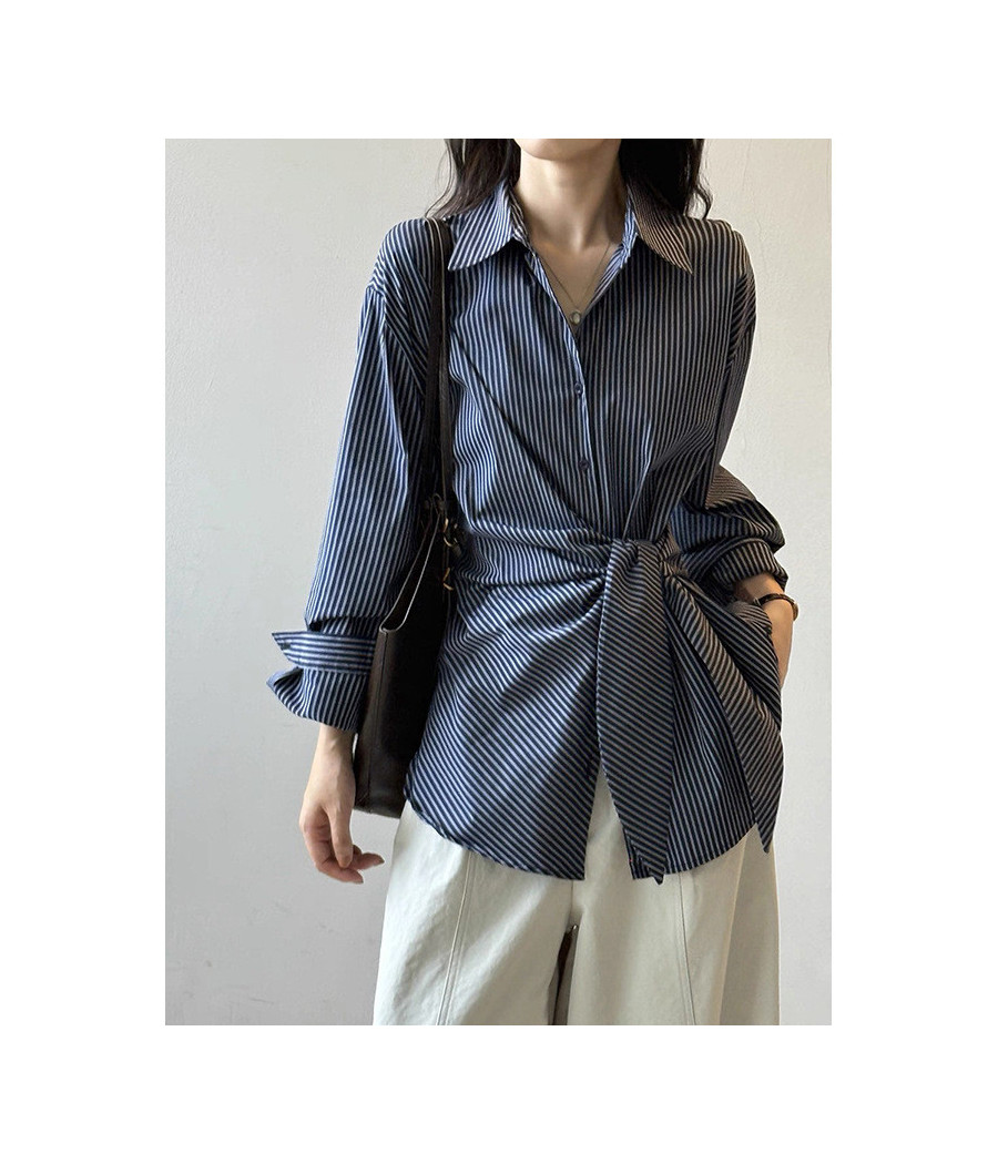 Navy Stripped Blouse with Cross Bow in Front
