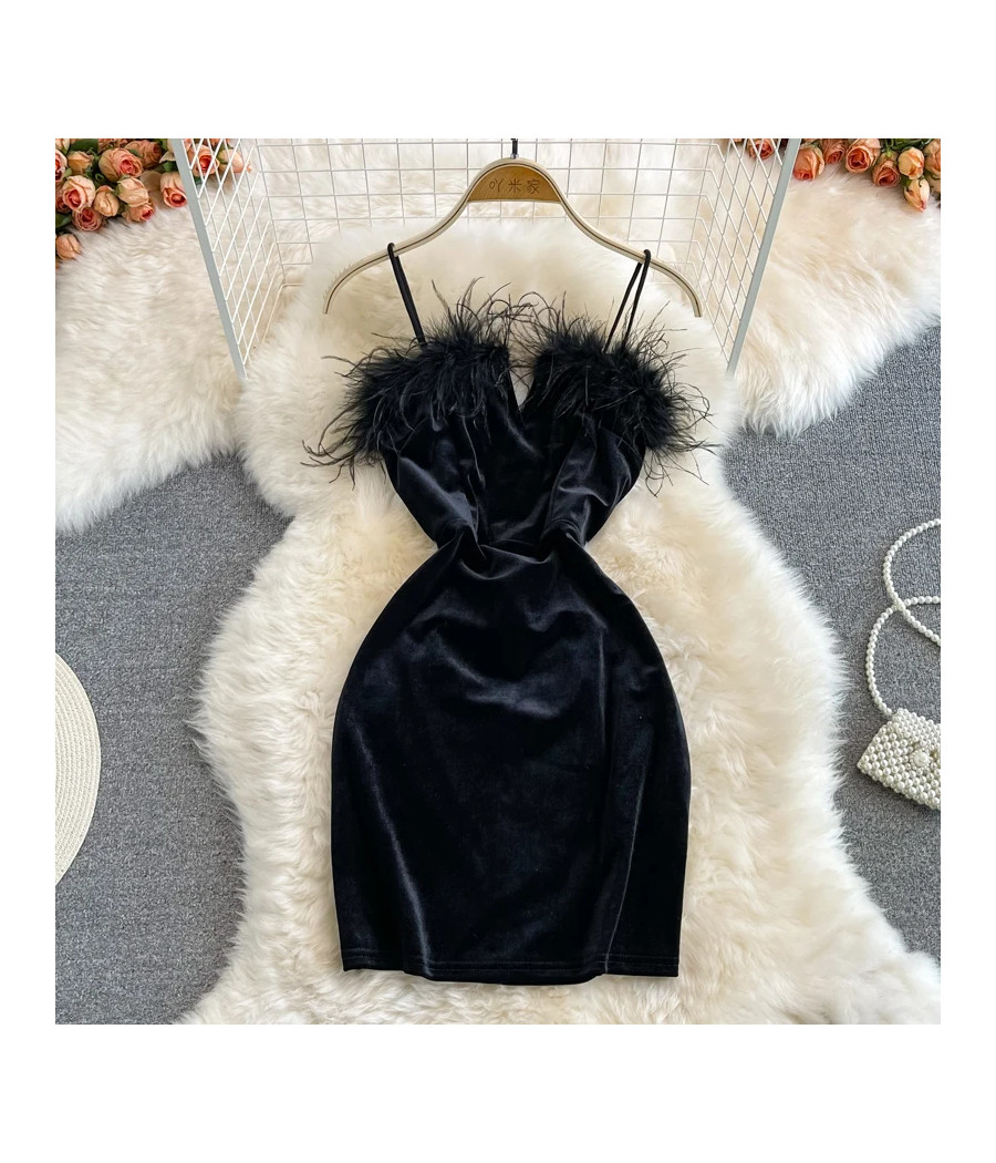 Fur Splicing Suspender Velvet Dress