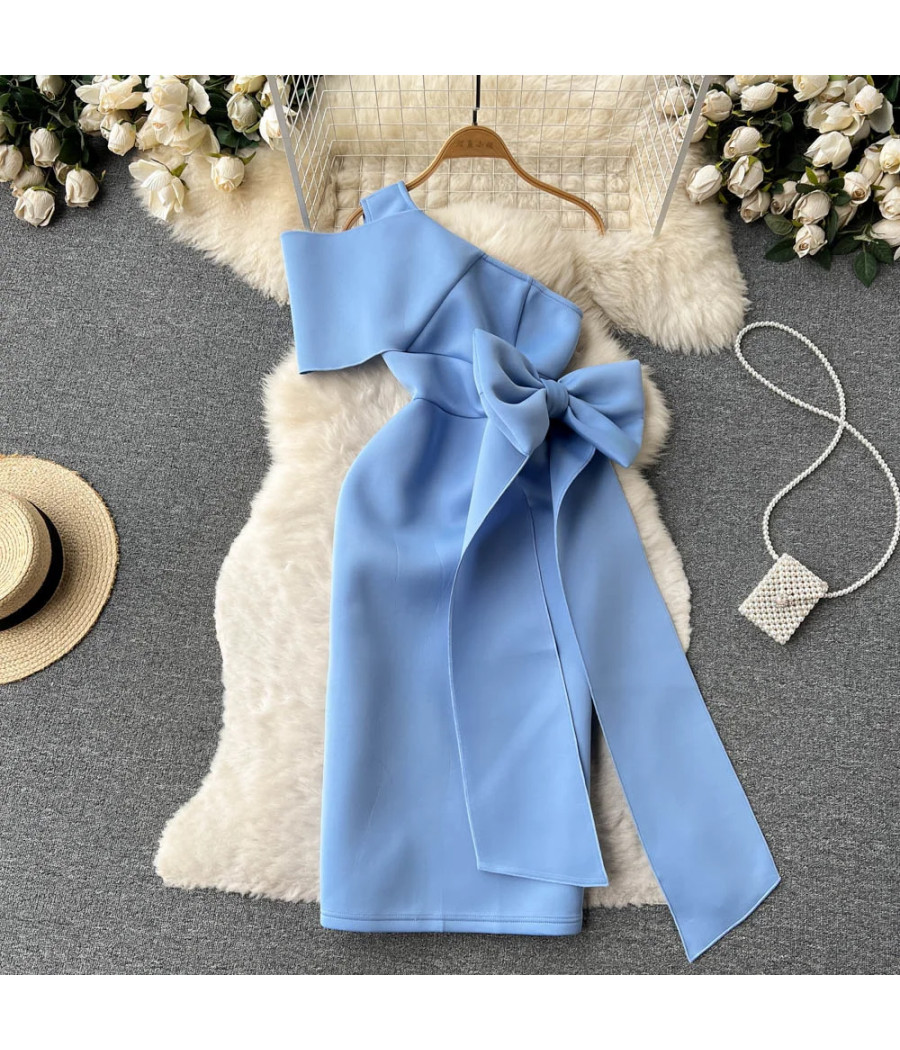 Bow Tie Single Shoulder Oblique Neck Dress